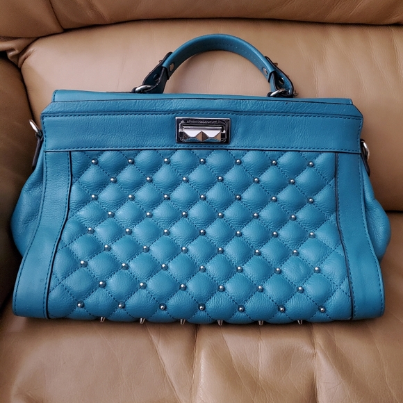 Rebecca Minkoff Teal leather Satchel good used condition crossbody strap - Picture 2 of 7